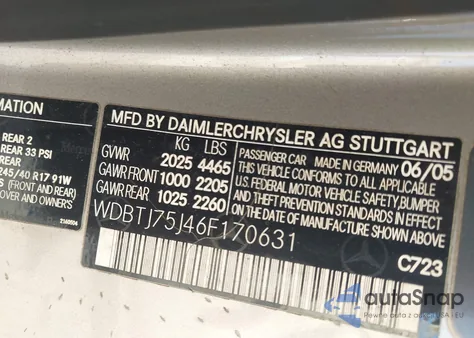 2006 Mercedes-Benz Clk 500 из США, поврежденный, VIN WDBTJ75J46F170631